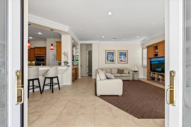 tiled living room with ornamental molding