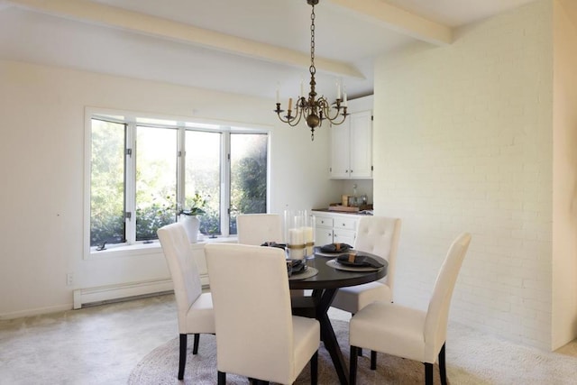 carpeted dining area with beamed ceiling, a baseboard heating unit, and a notable chandelier