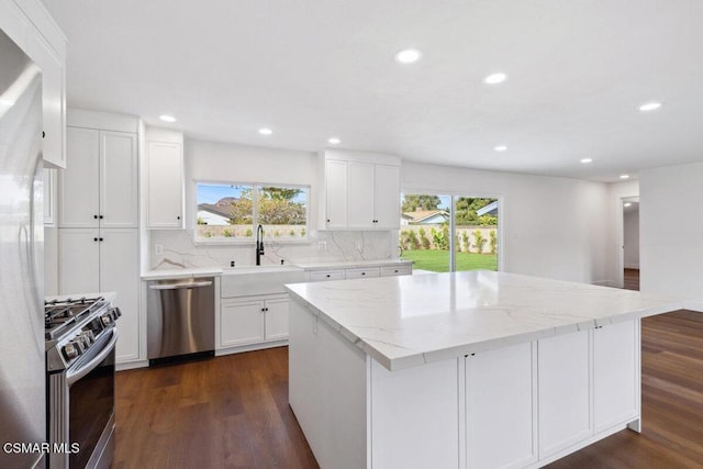 kitchen with plenty of natural light, a kitchen island, dark hardwood / wood-style flooring, and stainless steel appliances