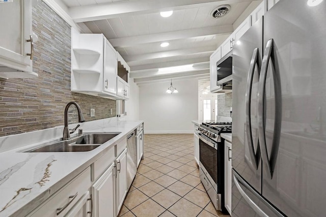 kitchen featuring stainless steel appliances, sink, white cabinets, a chandelier, and hanging light fixtures