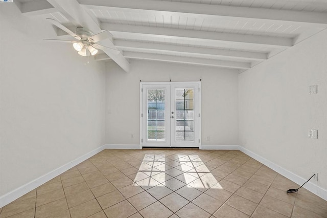 tiled empty room featuring vaulted ceiling with beams, ceiling fan, and french doors