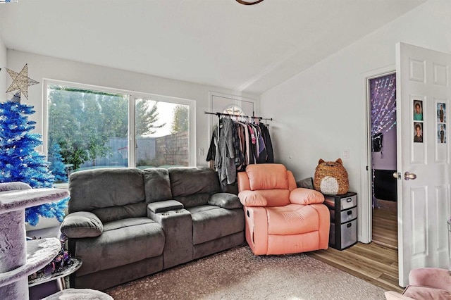 living room featuring hardwood / wood-style floors and lofted ceiling