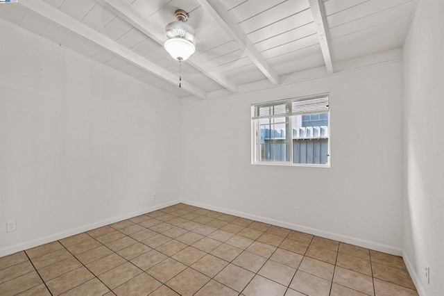 tiled spare room featuring ceiling fan, beam ceiling, and wood ceiling