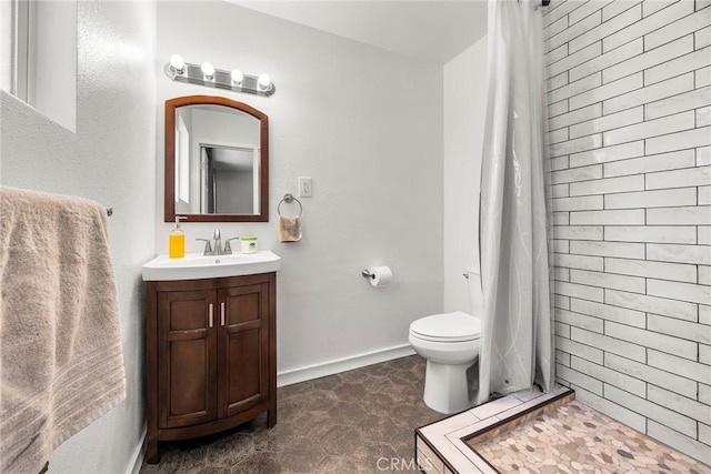 bathroom with tile patterned flooring, toilet, vanity, and a shower with shower curtain