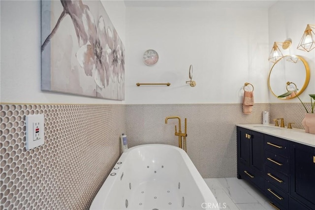 bathroom featuring vanity, tile walls, and a tub