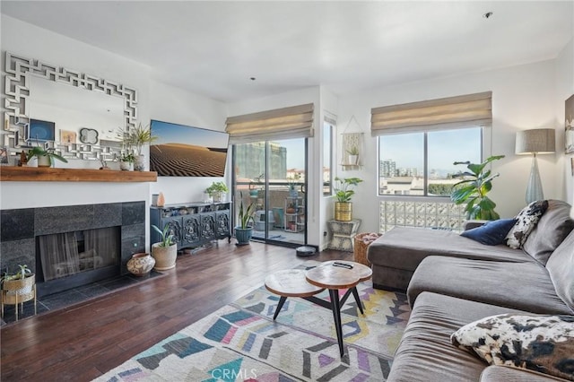 living room featuring a tile fireplace, a wealth of natural light, and hardwood / wood-style floors