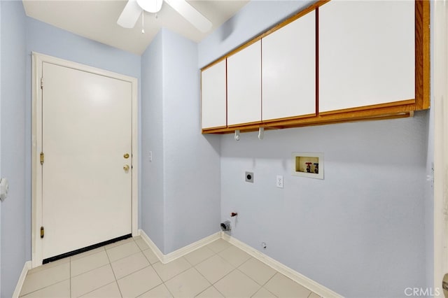 laundry area with ceiling fan, cabinets, hookup for an electric dryer, gas dryer hookup, and hookup for a washing machine