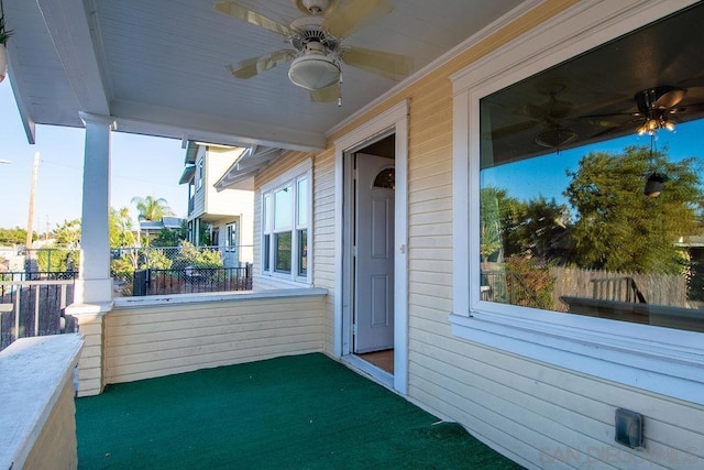 view of patio featuring ceiling fan