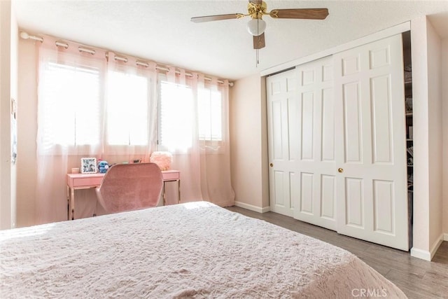 bedroom featuring ceiling fan, a closet, and hardwood / wood-style flooring