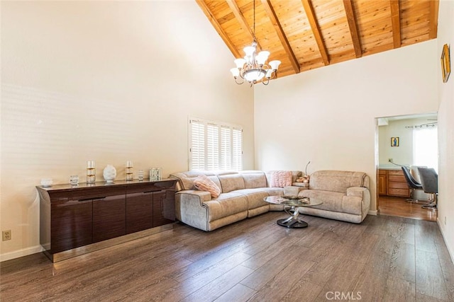 living room with wooden ceiling, high vaulted ceiling, beam ceiling, dark hardwood / wood-style flooring, and a chandelier