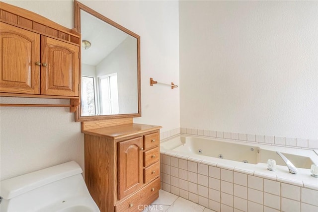 bathroom with tiled bath, tile patterned flooring, lofted ceiling, and toilet