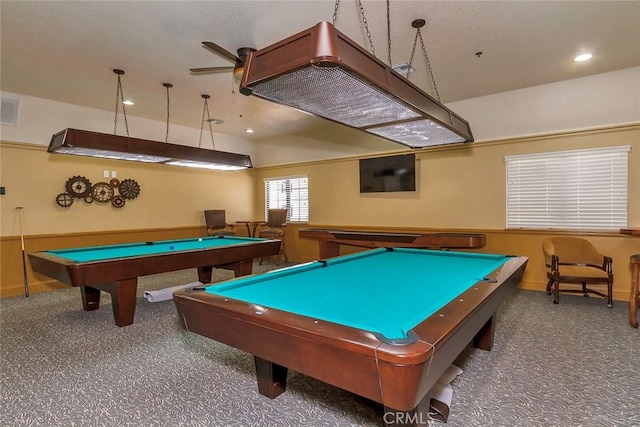 rec room featuring ceiling fan, pool table, and dark colored carpet