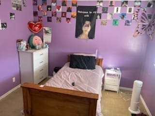 bedroom with light carpet