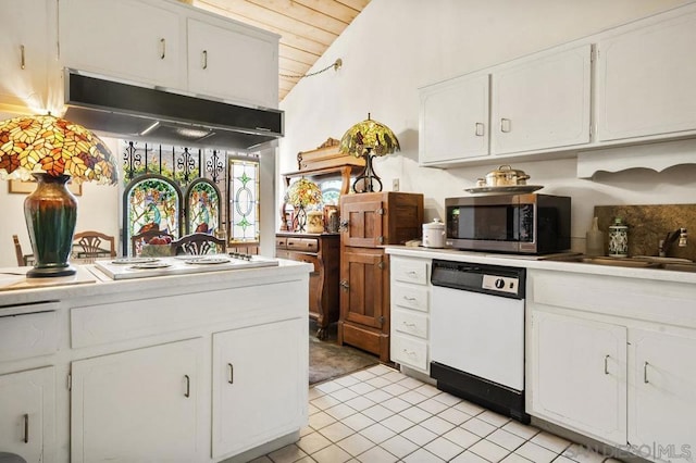 kitchen with wooden ceiling, light tile patterned floors, lofted ceiling, white appliances, and white cabinets