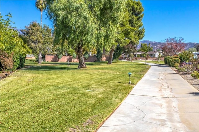 view of property's community with a mountain view and a lawn