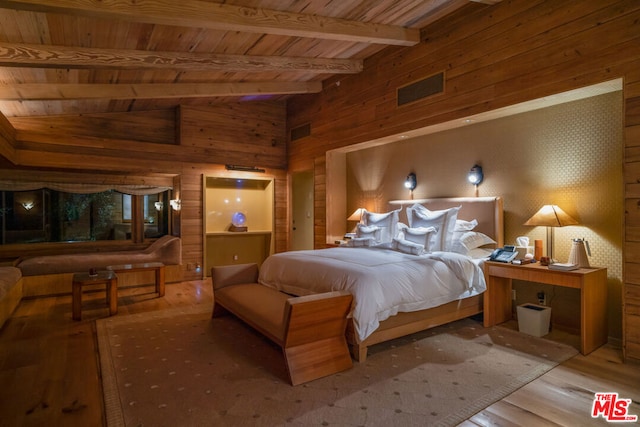 bedroom featuring beamed ceiling, wood walls, wood-type flooring, and wooden ceiling