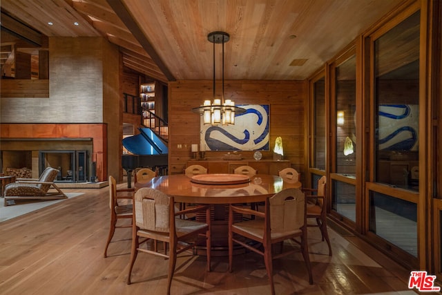 dining space with wood ceiling, hardwood / wood-style flooring, a notable chandelier, lofted ceiling, and wood walls