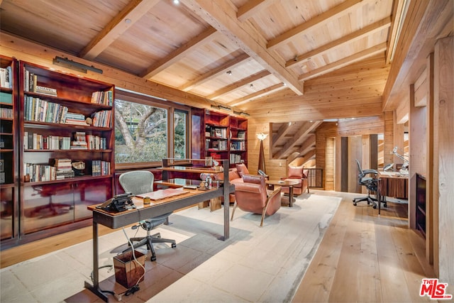 office space with light wood-type flooring, lofted ceiling with beams, wooden ceiling, and wooden walls