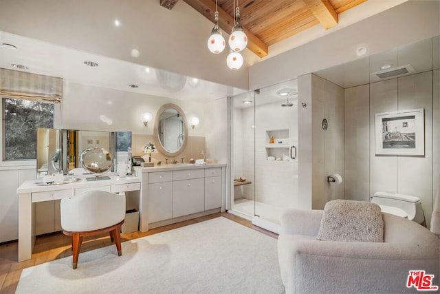 bathroom featuring wood ceiling, vanity, beamed ceiling, hardwood / wood-style floors, and a shower with shower door