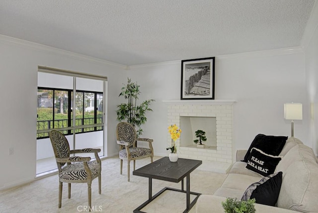 carpeted living room featuring a textured ceiling, a brick fireplace, and ornamental molding