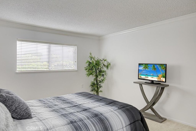 carpeted bedroom featuring a textured ceiling and ornamental molding