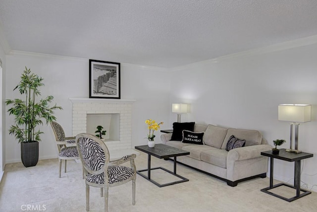 living room featuring a fireplace, light colored carpet, a textured ceiling, and ornamental molding