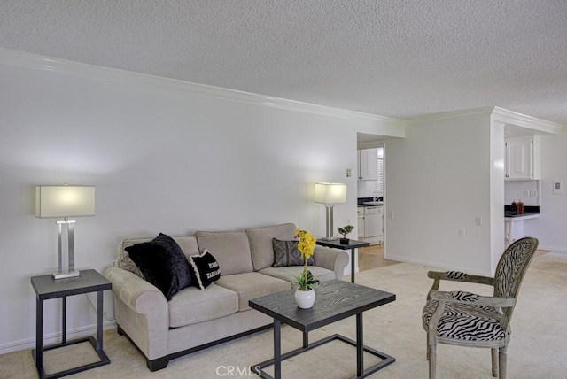 living room with ornamental molding, a textured ceiling, and light carpet