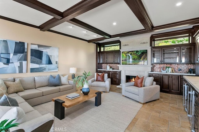 living room featuring crown molding, beamed ceiling, and coffered ceiling