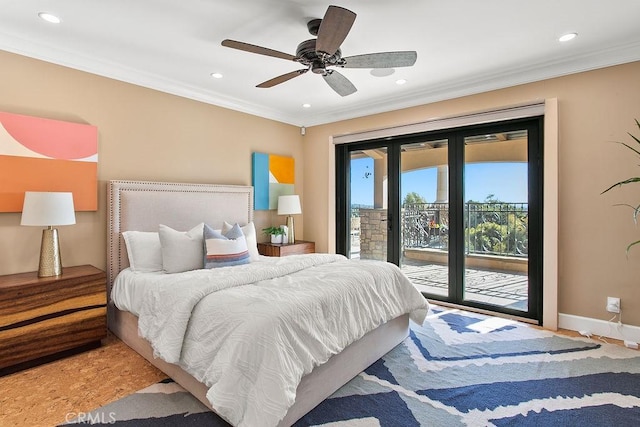 bedroom with access to outside, ceiling fan, and ornamental molding