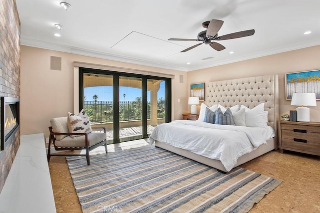 bedroom with access to exterior, ceiling fan, and crown molding