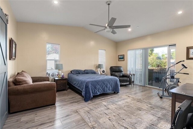 1486 Magadon Rd, Paradise, CA 95969 - bedroom featuring access to exterior, light wood-style floors, vaulted ceiling, recessed lighting, and a ceiling fan
