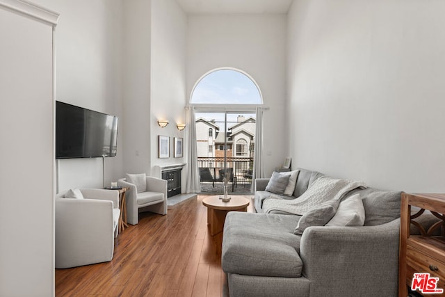 living room featuring hardwood / wood-style floors and a towering ceiling