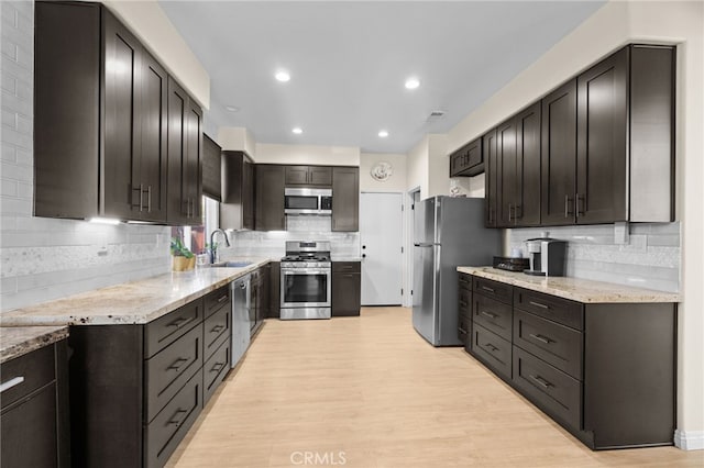 kitchen featuring backsplash, sink, stainless steel appliances, and light hardwood / wood-style flooring