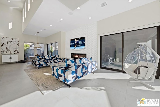 living room with a large fireplace