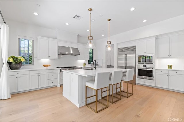66 Poncho, Irvine, CA 92602 - kitchen with built in appliances, ventilation hood, light wood finished floors, white cabinetry, and recessed lighting