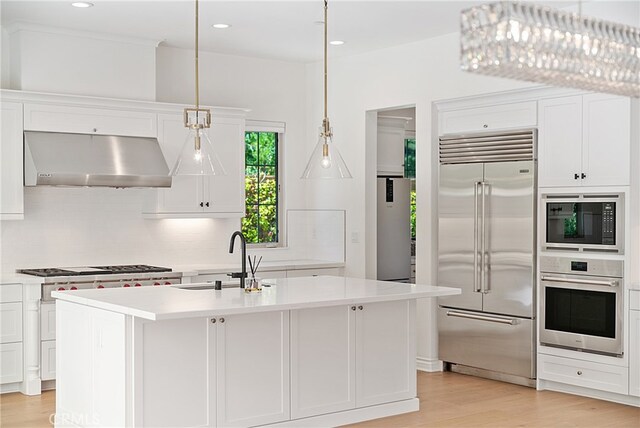 66 Poncho, Irvine, CA 92602 - kitchen featuring built in appliances, under cabinet range hood, backsplash, light wood-type flooring, and light countertops