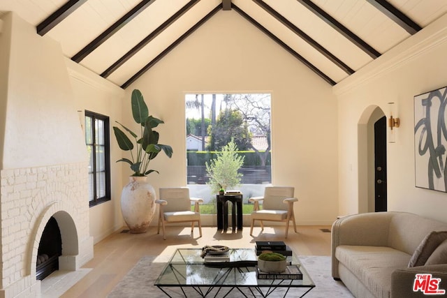 living room with beamed ceiling, high vaulted ceiling, a healthy amount of sunlight, and light hardwood / wood-style floors