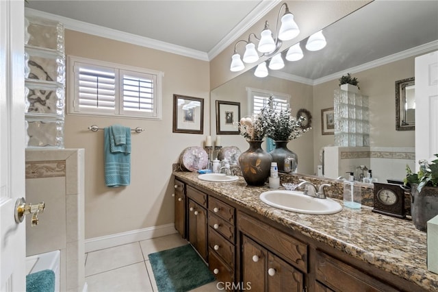 bathroom with tile patterned floors, vanity, a chandelier, and ornamental molding