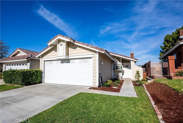 ranch-style home with a front lawn and a garage