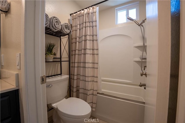 full bathroom with shower / bath combination with curtain, toilet, and vanity