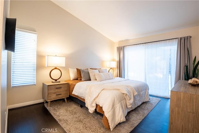 bedroom with lofted ceiling and dark wood-type flooring