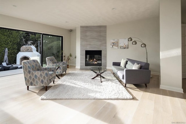 living room with a large fireplace and light hardwood / wood-style flooring