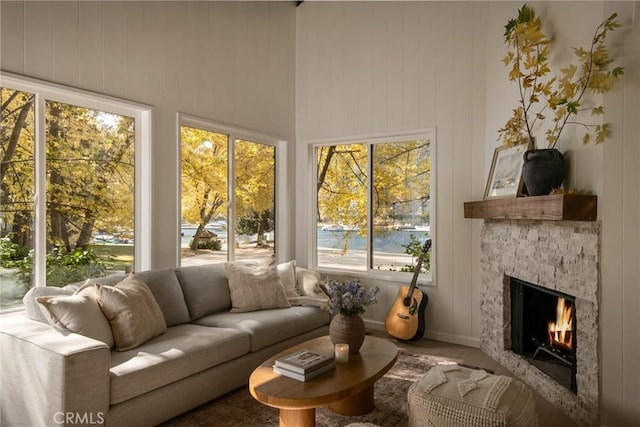 sunroom with a fireplace