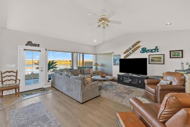 5770 Colorado River Rd, Blythe, CA 92225 - living room featuring french doors, light hardwood / wood-style flooring, ceiling fan, and lofted ceiling
