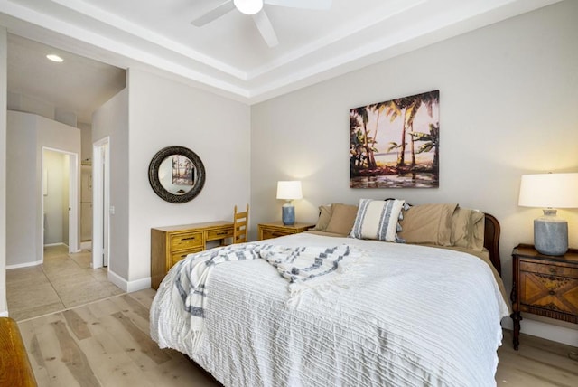 bedroom featuring ceiling fan and light hardwood / wood-style floors