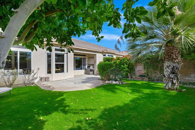 back of property featuring a yard and a patio area