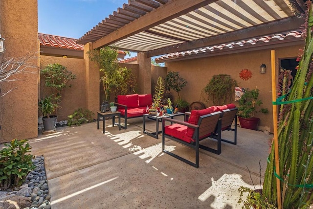 view of patio with outdoor lounge area and a pergola