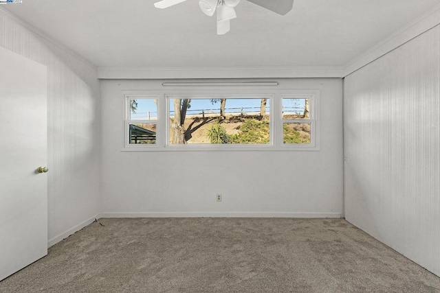 unfurnished room featuring ceiling fan, plenty of natural light, carpet floors, and ornamental molding