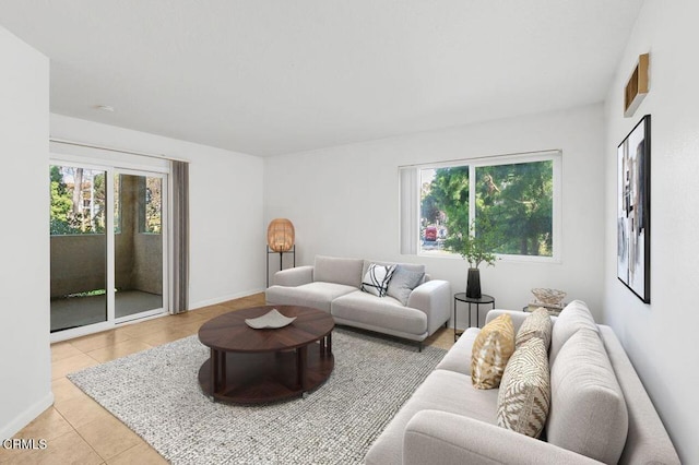 tiled living room featuring a wealth of natural light