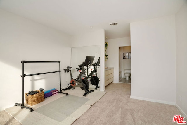 workout room with light colored carpet